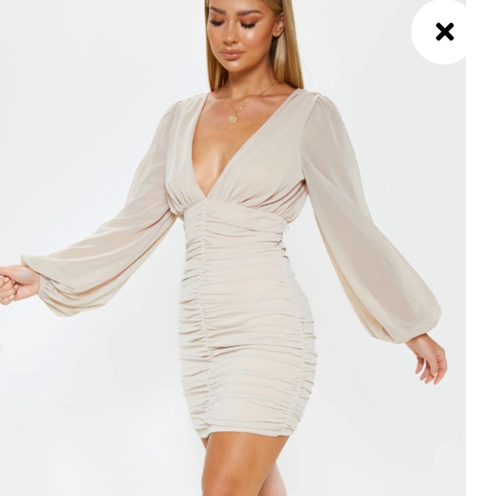 Stone Mesh Ruched Balloon Sleeve Bodycon Dress